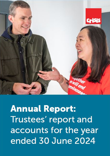 Front cover of Crisis Annual Report and accounts 23/24. Shows a man and a woman in a red Crisis t-shirt talking and smiling. The title of the report is in white text on a blue background.